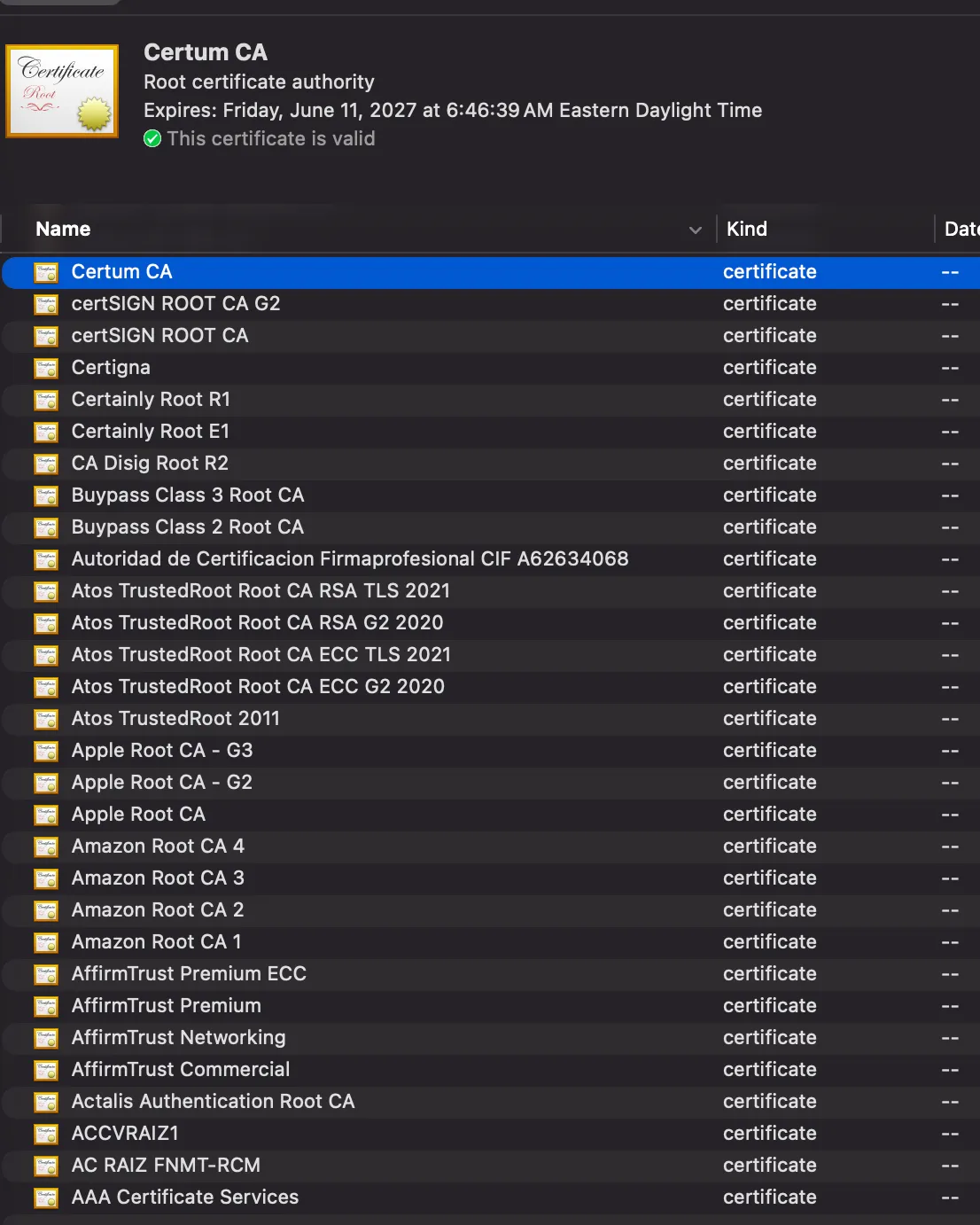 macOS Keychain Access showing public root CA certificates, with Certum CA selected.