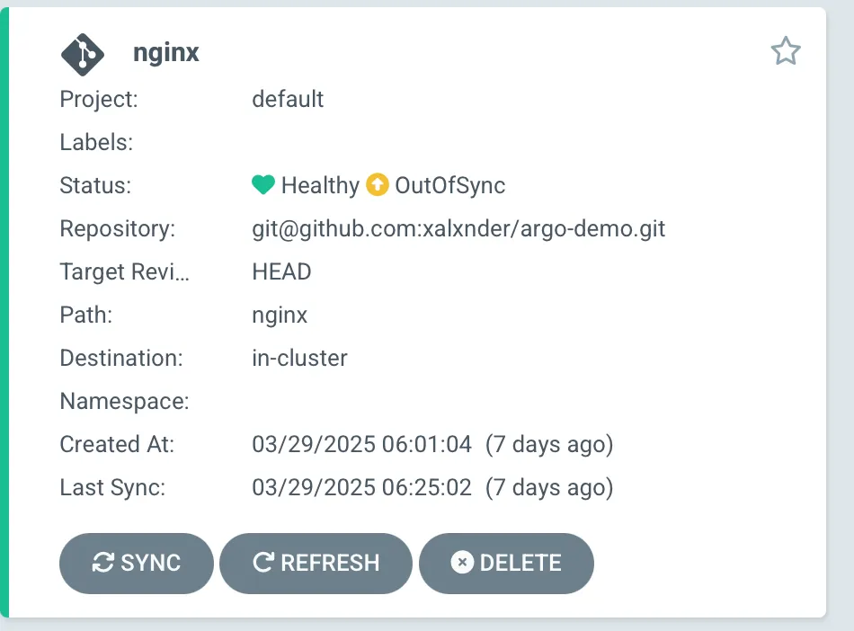 NGINX application in Argo CD showing a healthy status.